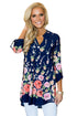 Sexy Navy Blue Vibrant Floral Print Slight V Neck Blouse